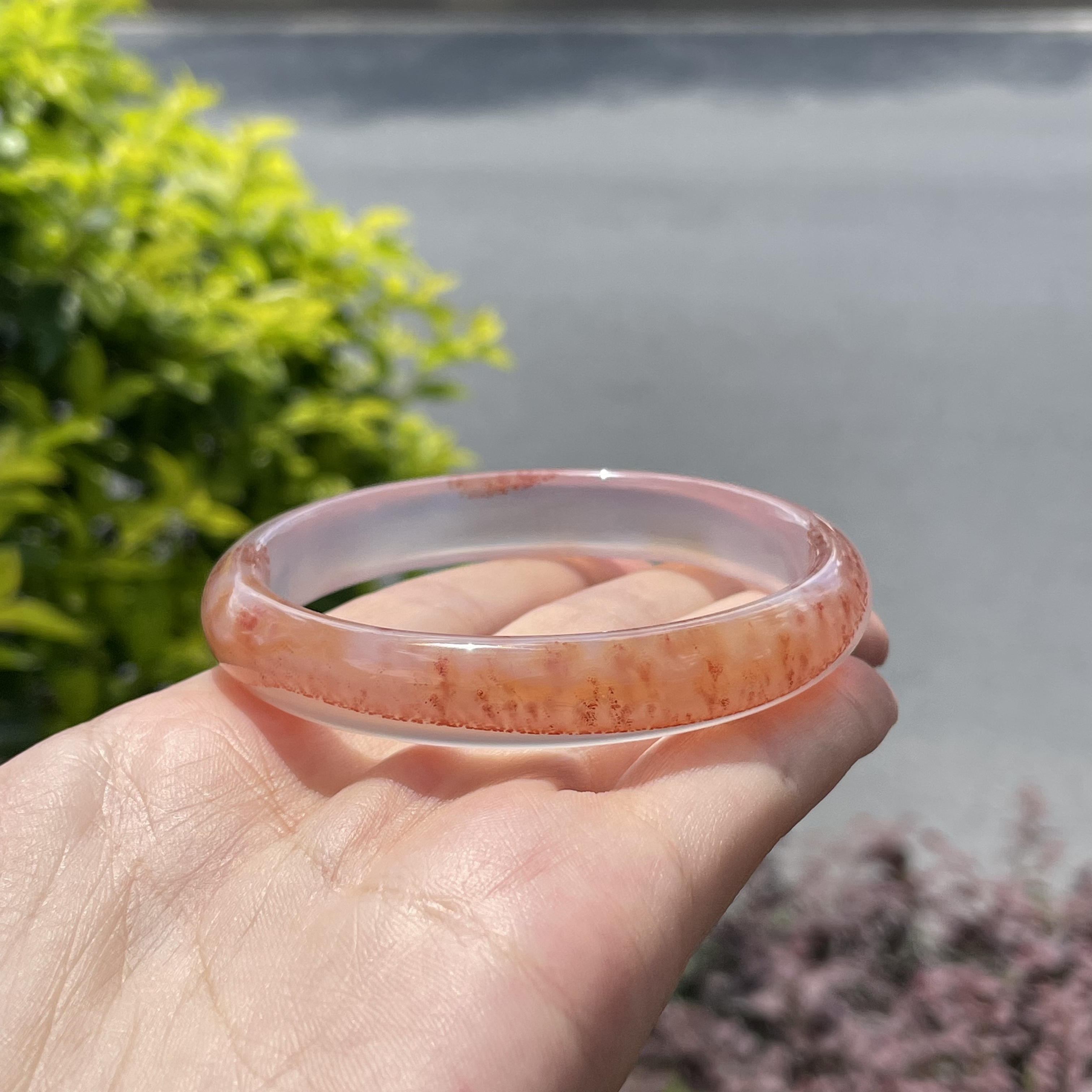 圈口58+正圈粉紫色水草镯半山水飘纹飘水草-玛瑙