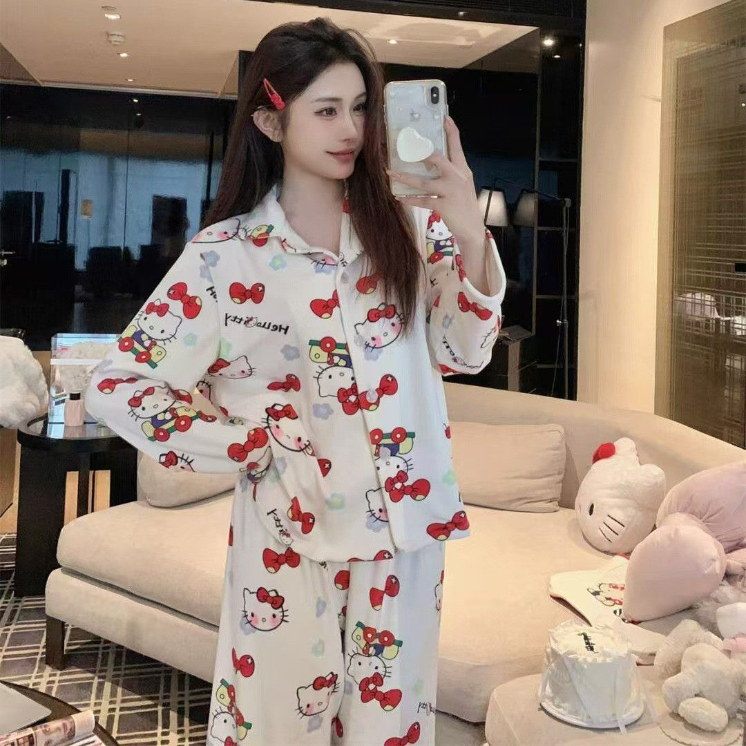 《KT猫》女士秋冬季白色kitty猫卡通宽松保暖睡衣家居服套装
