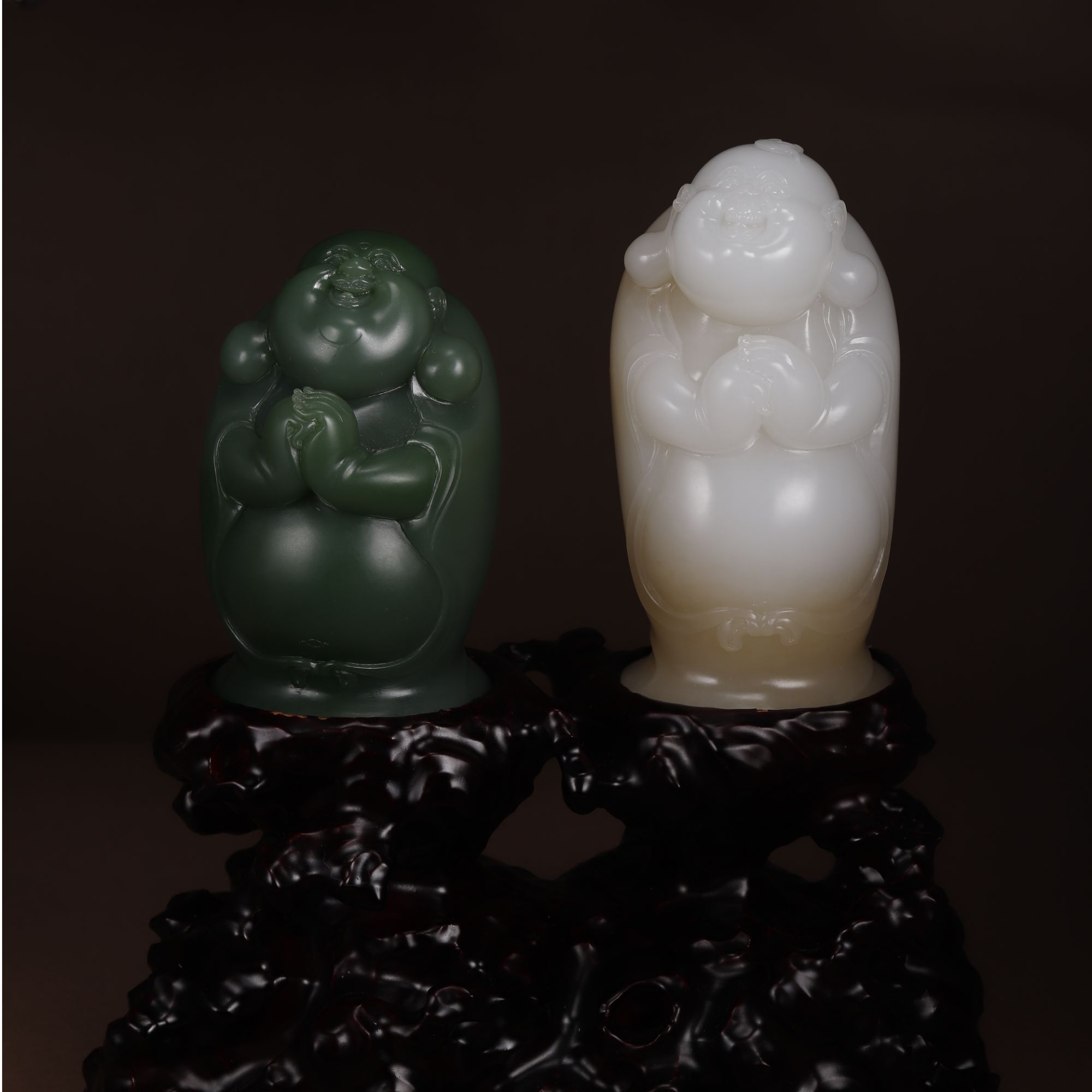 和田玉碧玉配糖白玉笑佛摆件一对