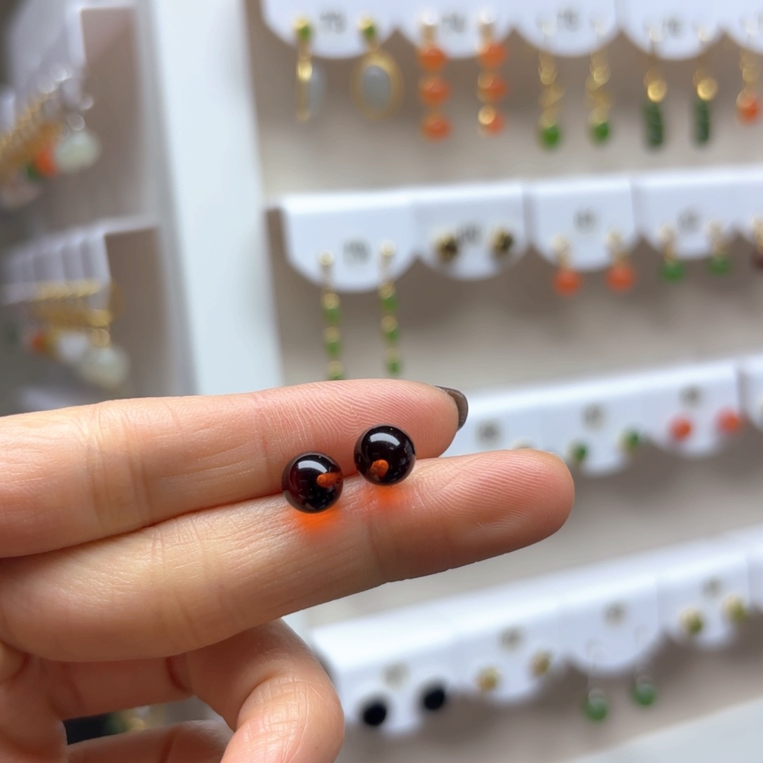 琥珀耳饰银S925镶嵌血珀