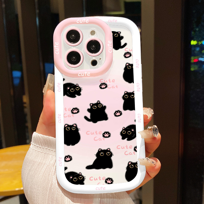 【苹果/华为/荣耀/OPPO/vivo小米】圆眼小黑猫直边奶油包边手机壳