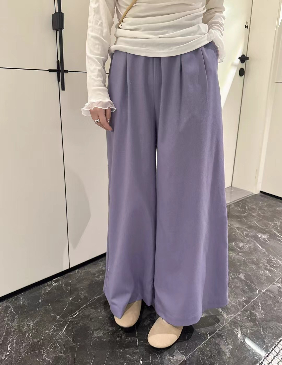 林玲～简约纯色麻料松紧腰阔腿裤夏季女百搭裤子