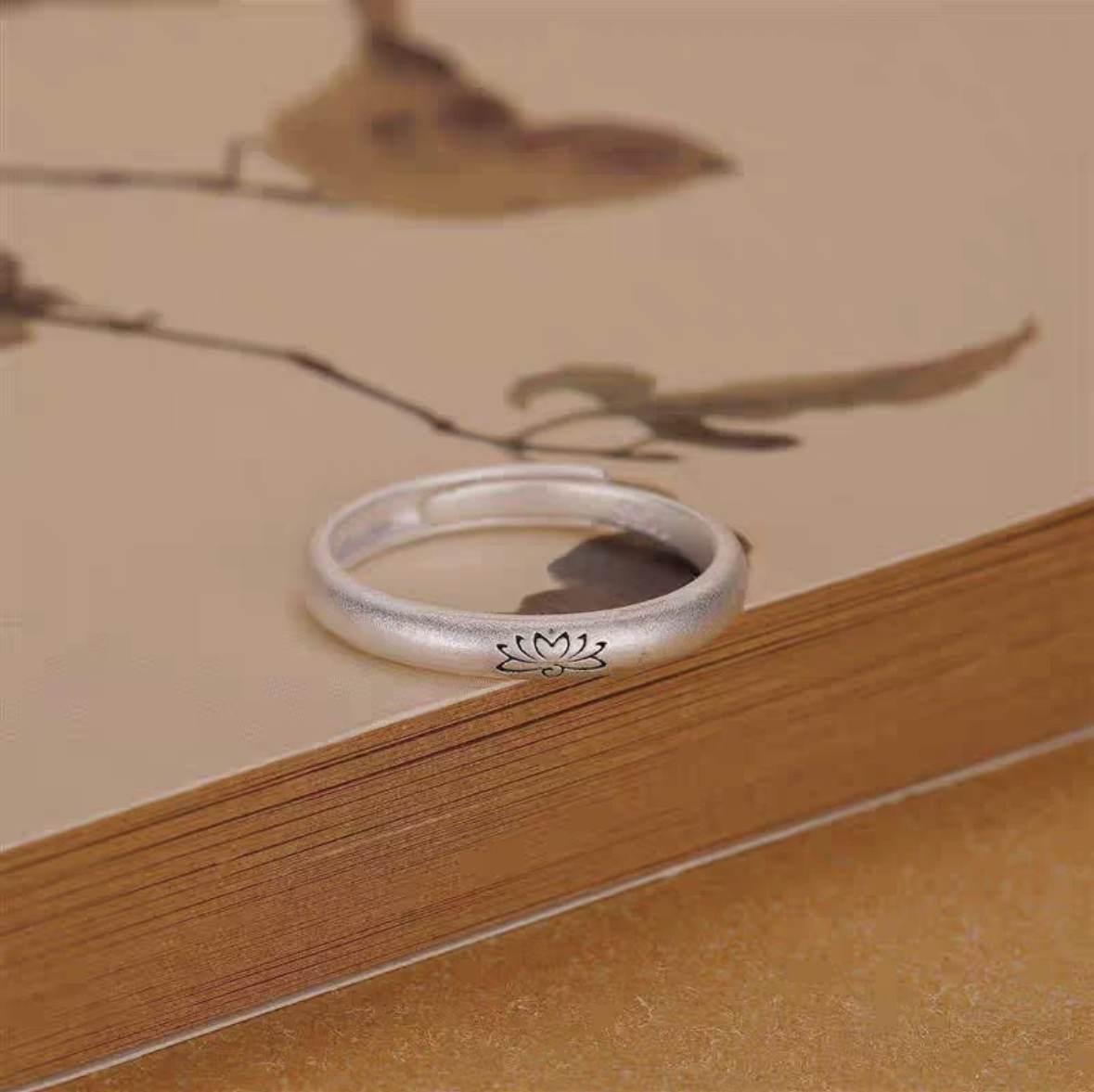 足银戒指 A47 手工拉丝古法莲花名族风可调节戒指简约典雅复古