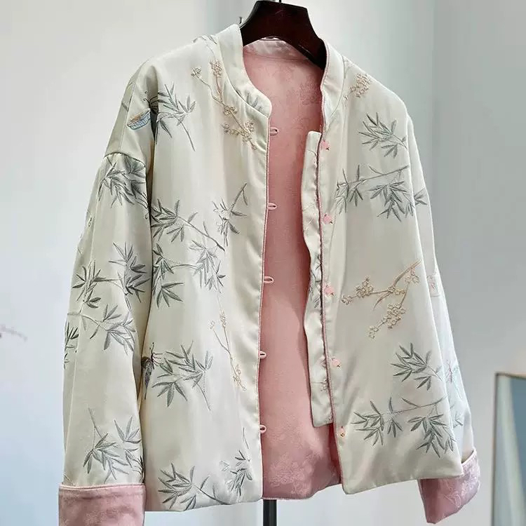 新中式蓝白竹刺绣提花双面穿加棉外套高级感古典大气女士棉衣468