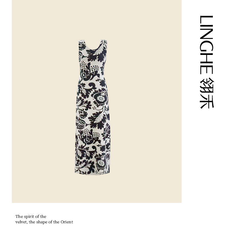 翎禾LINGHE-「墨影花笺」秋冬季国风复古提花新中式背心连衣裙