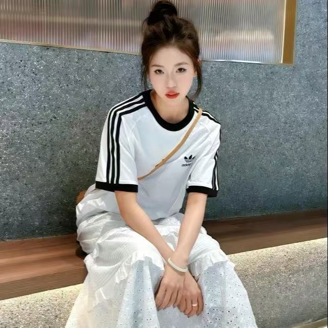 奥莱撤柜原单三条杠纯棉男女同款宽松百搭T恤短袖jennie同款