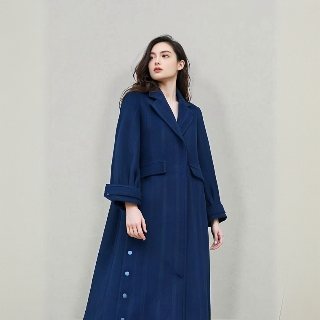 WT012冬季新款藏青色经典质感呢子大衣女