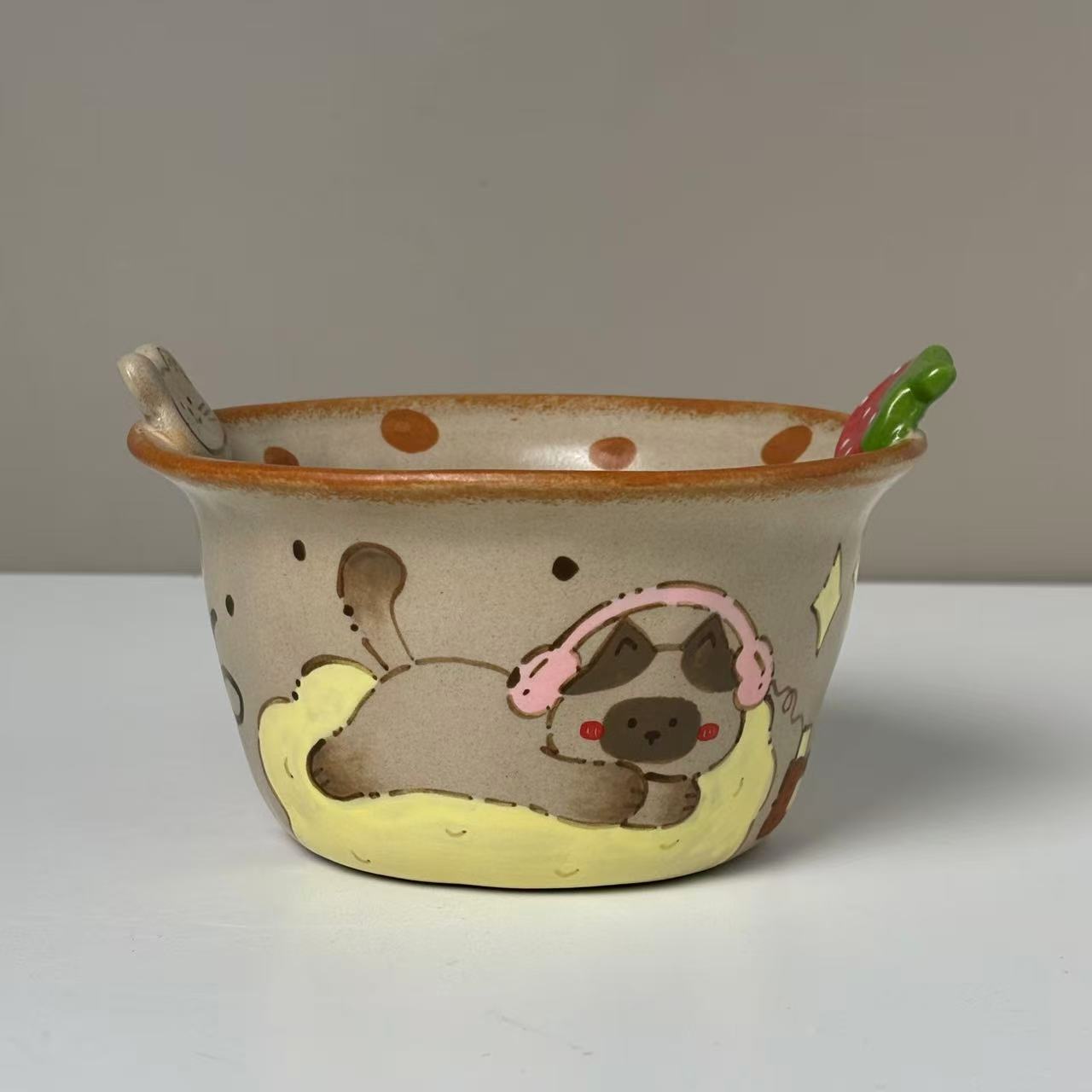 286小猫听音乐草莓双耳泡面碗