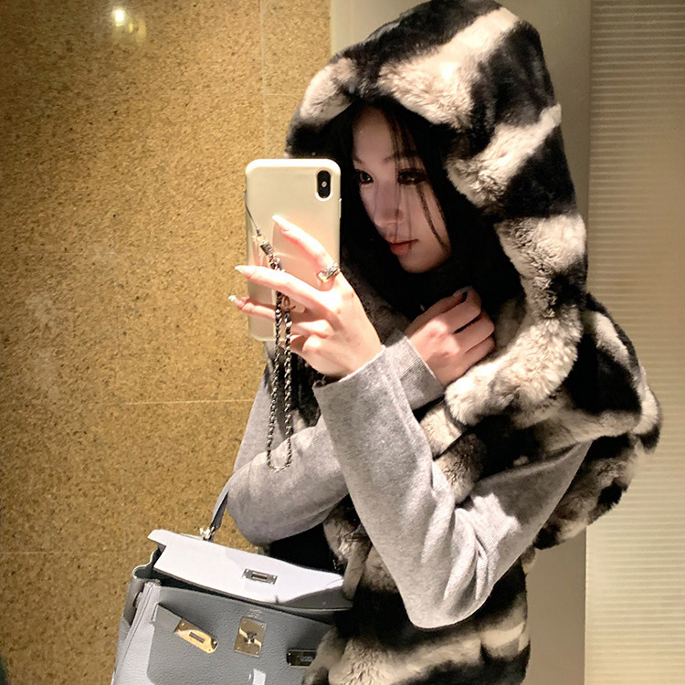 2025秋冬新款连帽仿龙猫马甲立领仿獭兔毛皮草坎肩宽松女短款外套