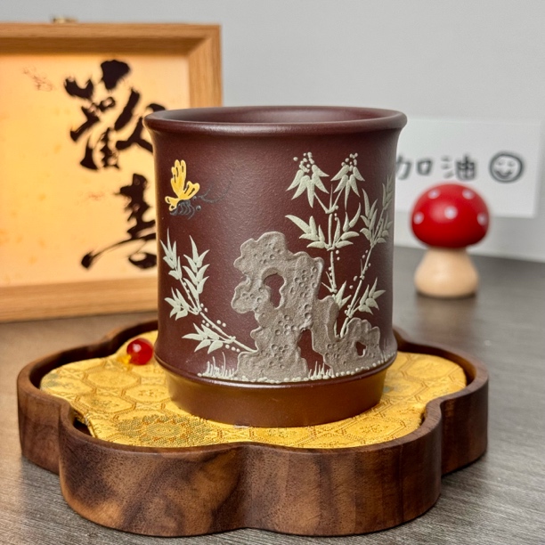 宜兴坭香紫砂杯堆绘竹子主人杯竹节杯原矿石红茶杯160ml