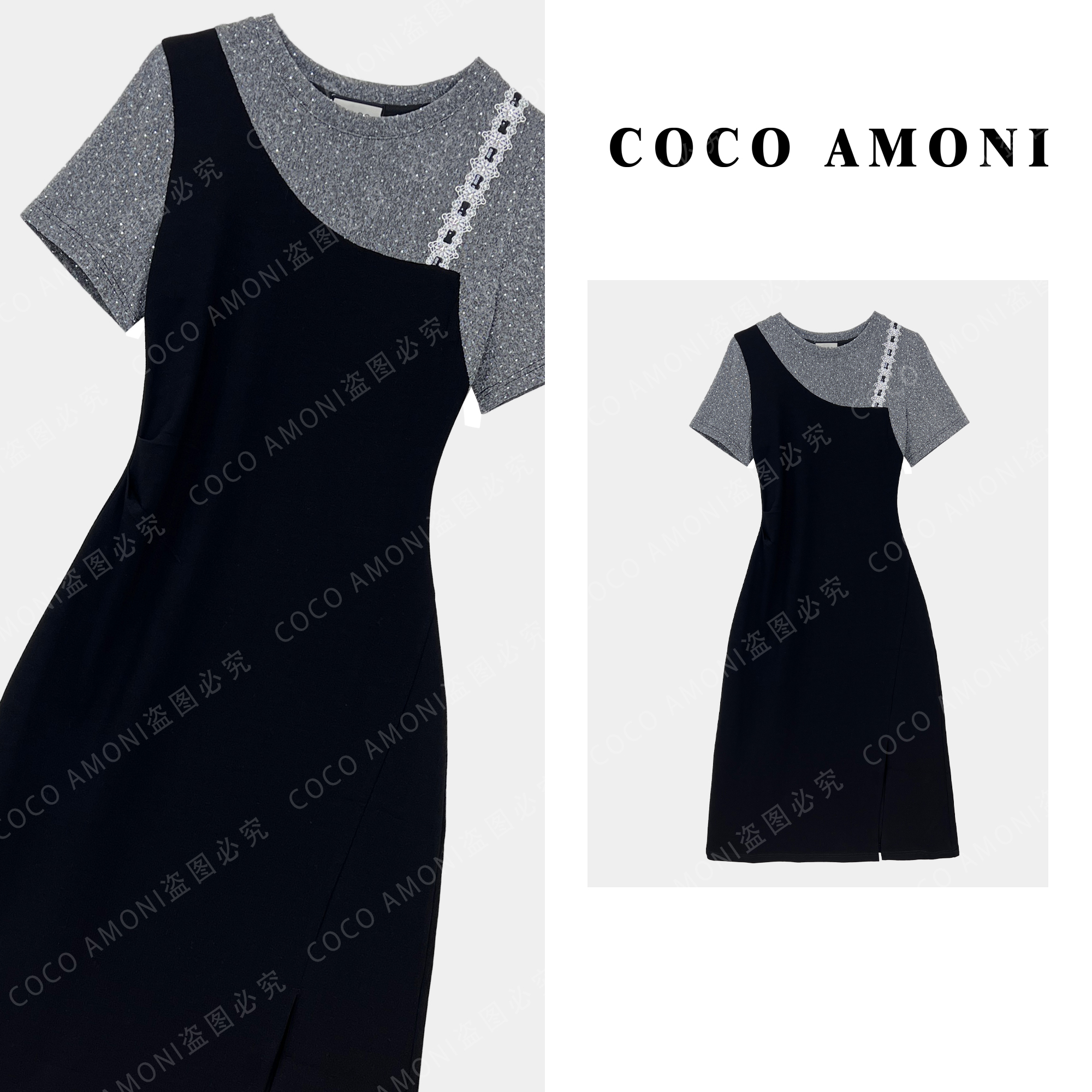 1设计师时尚新款2025夏日女装拼接假两件气质显瘦连衣裙ZC601