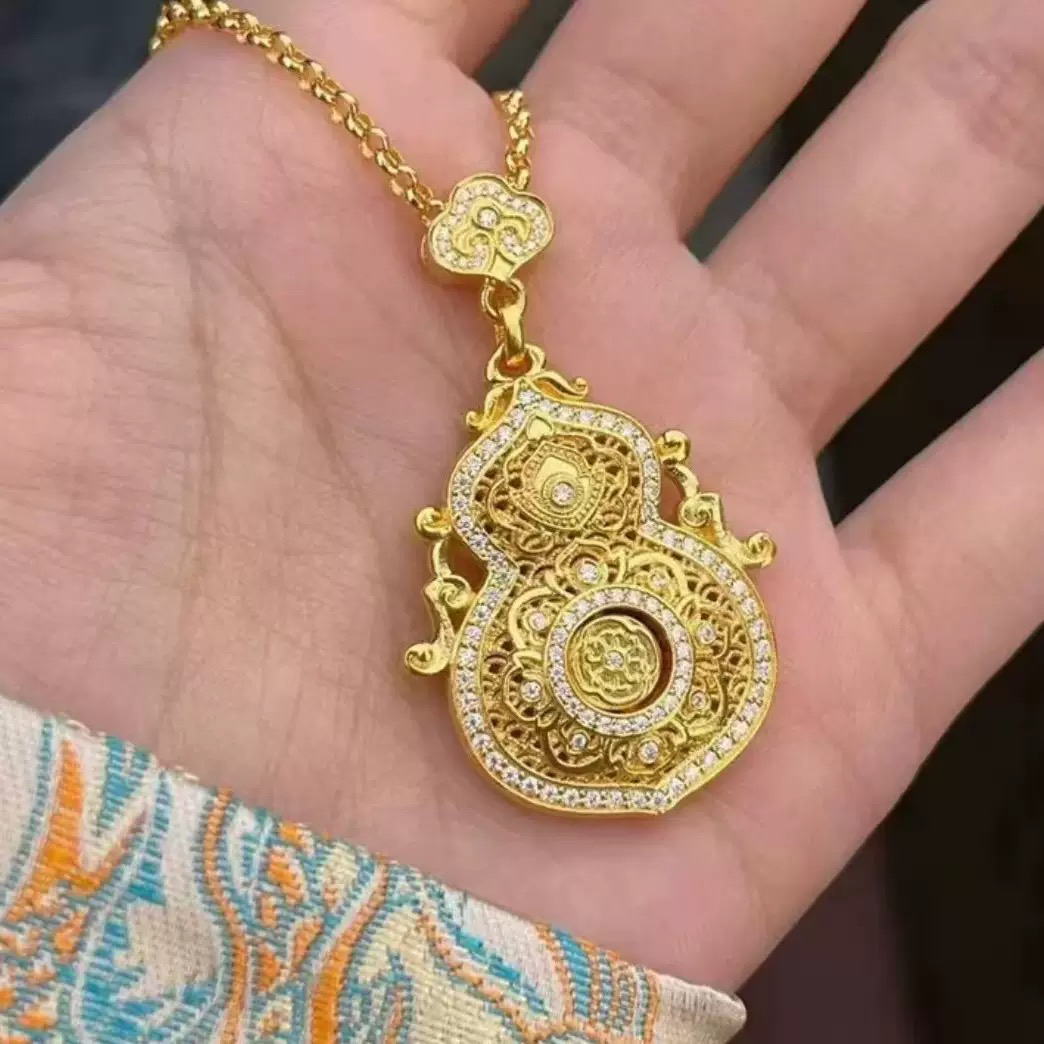 铜合金吊坠 新款镂空葫芦吊坠花丝镶嵌古法精致工艺四美项链女h