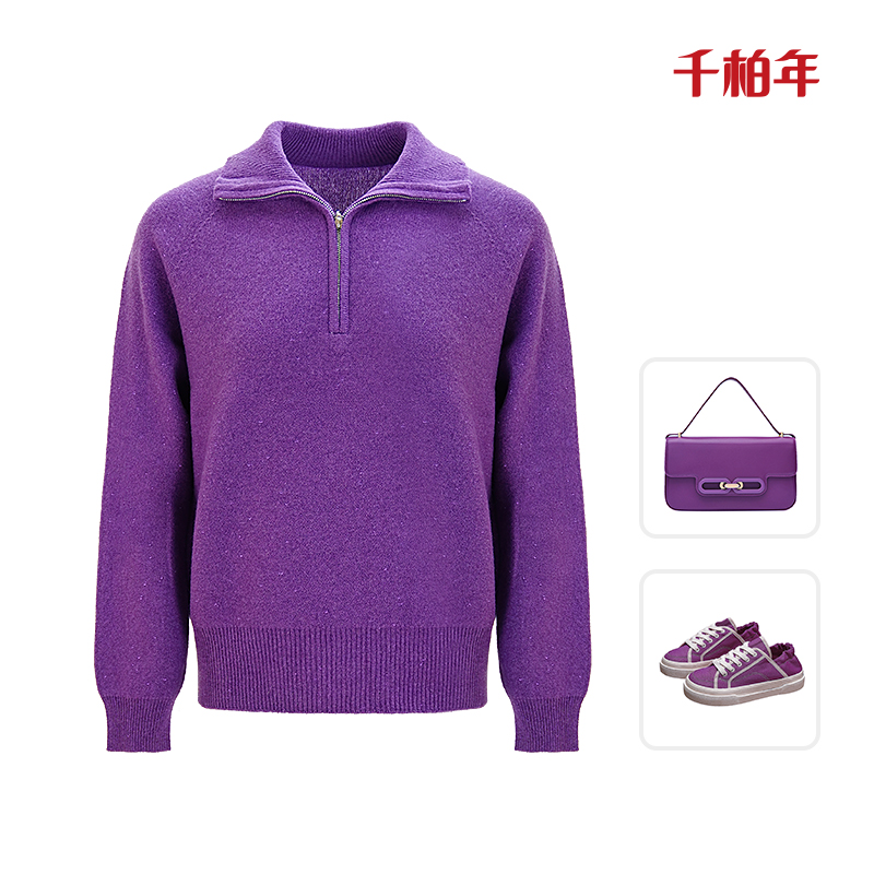 千柏年【浪漫星空】100%绵羊毛金银丝金豆拉链翻领羊毛衫-C1224