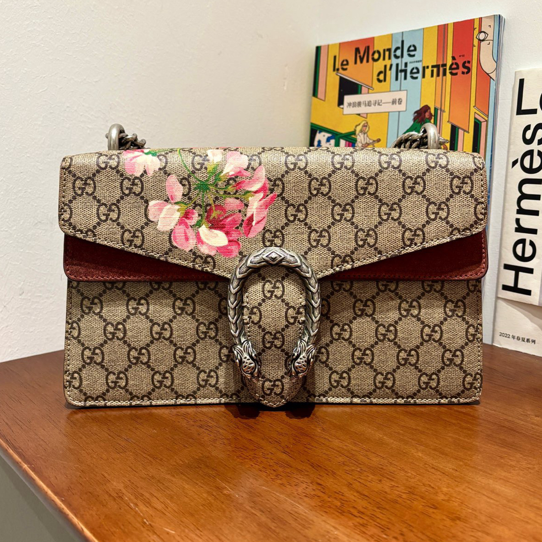 95新 GUCCI/古驰 老花拼红色花卉酒神中号单肩斜挎包