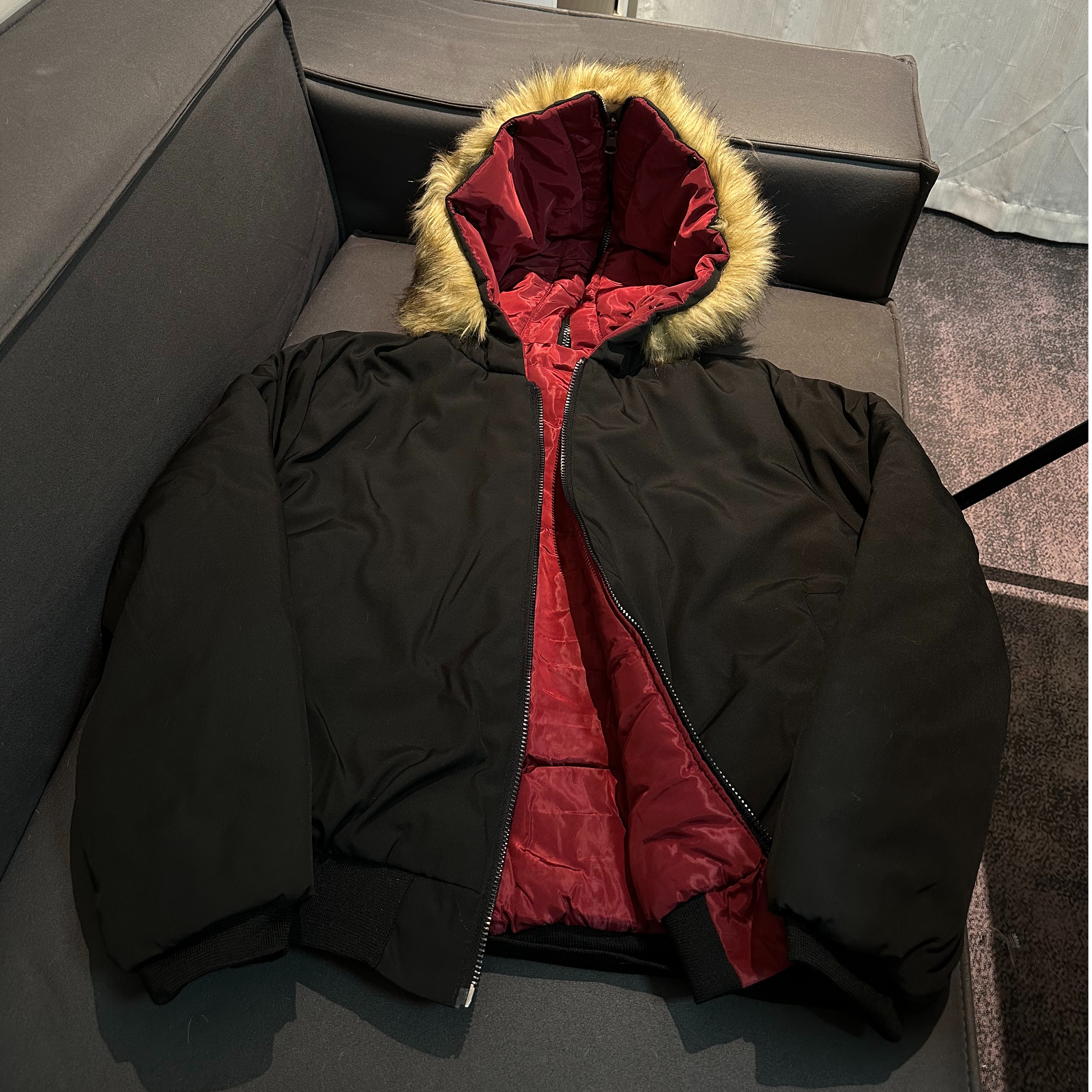 Z312【栗丽子专属】美式休闲毛领双面黑红外套百搭休闲棉服