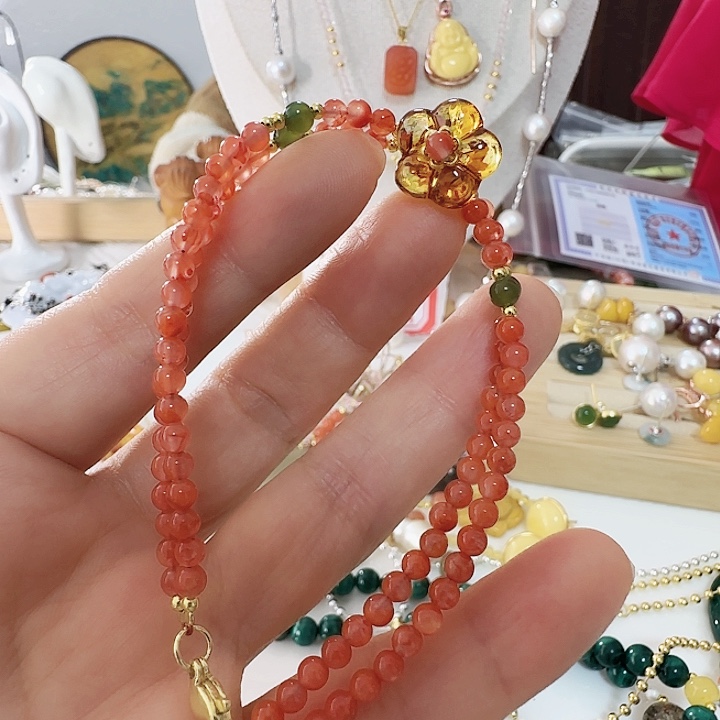 乐***1南红玛瑙未镶嵌手链双圈手链加小花卡14有结构