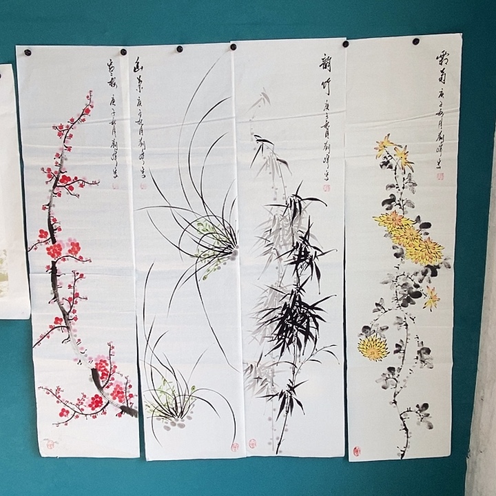 国画四尺对开手绘四条屏