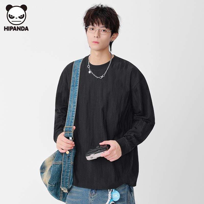 Hi Panda长袖T恤男装渐变重磅秋季圆领纯色日系复古套头打底上衣