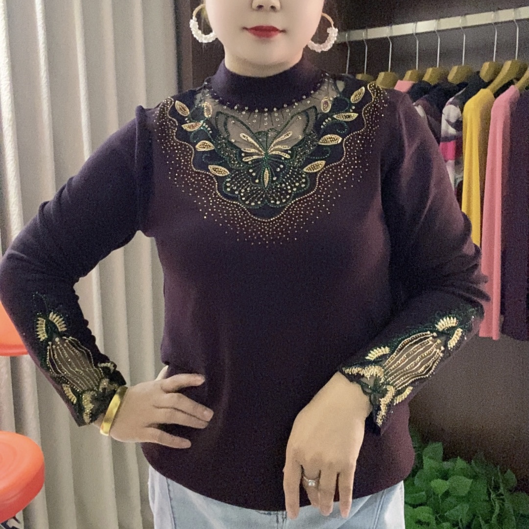 2025秋冬新款气质显瘦性感百搭蕾丝蝴蝶烫钻一体绒打底小衫