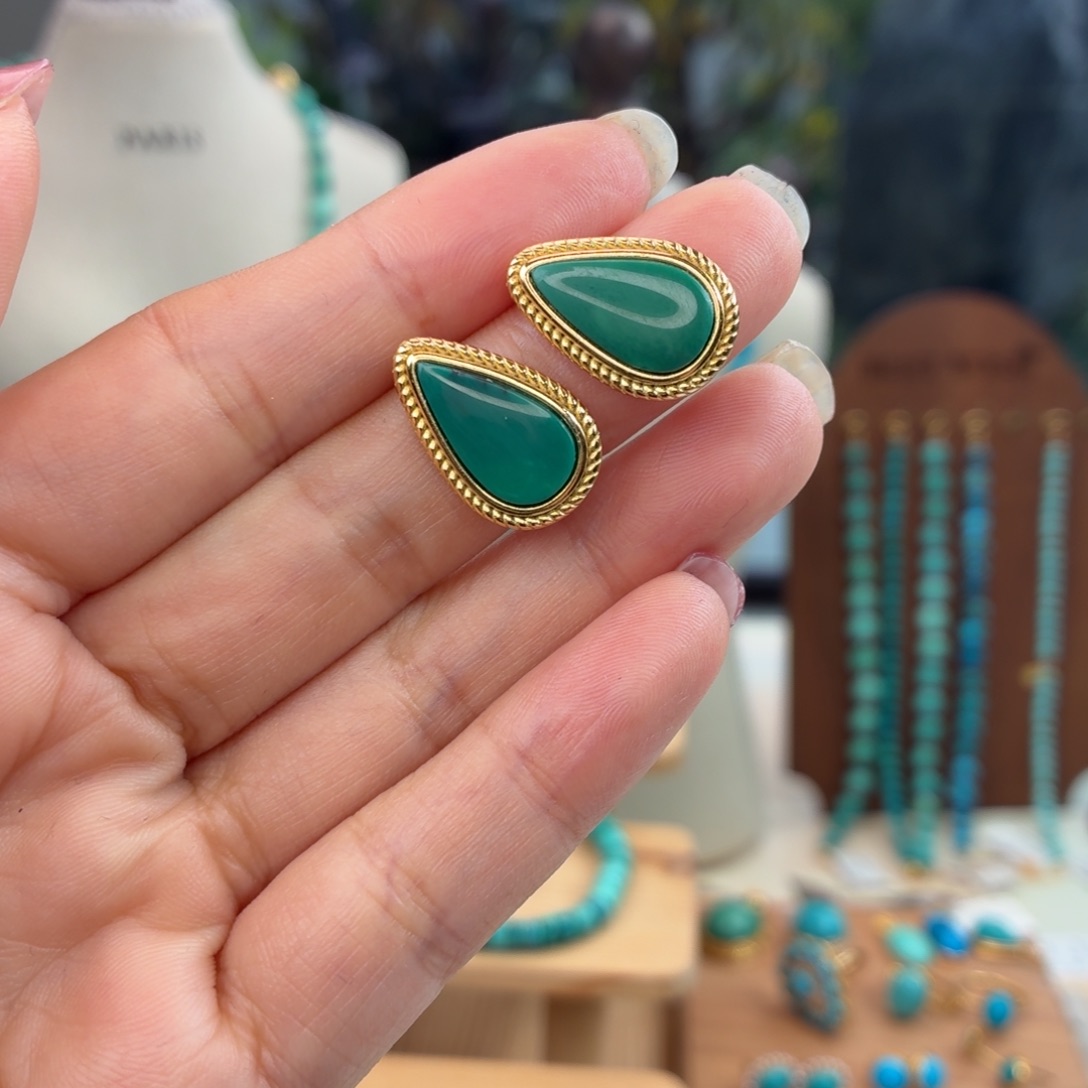 绿松石银S925镀金镶嵌耳饰