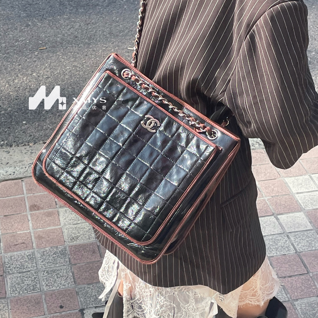 95新 Chanel/香奈儿 黑漆皮红棕色滚边托特包30/32/8/11开07绝版