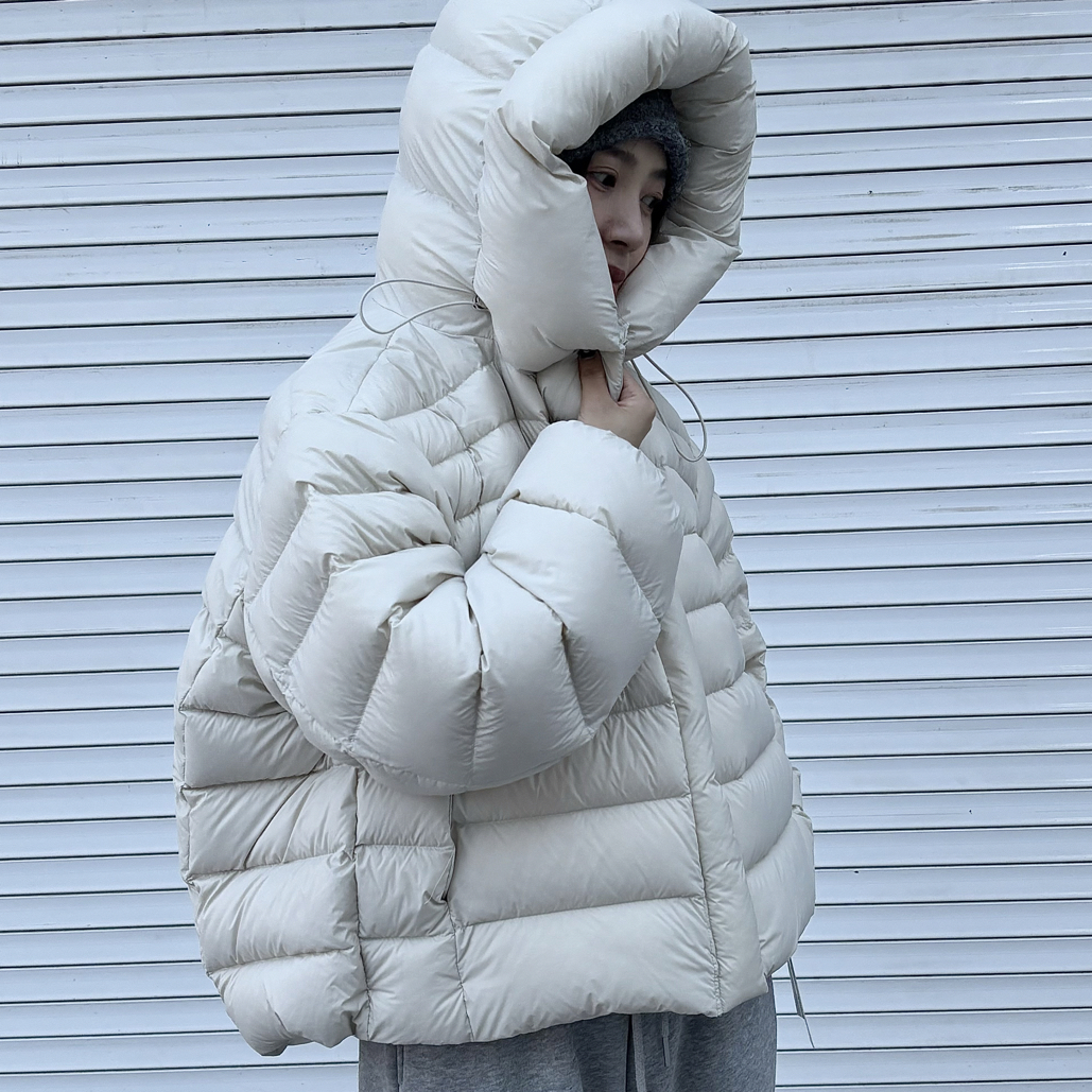 花苞帽连帽泡芙排骨女冬季90白鸭绒蓬松保暖外套