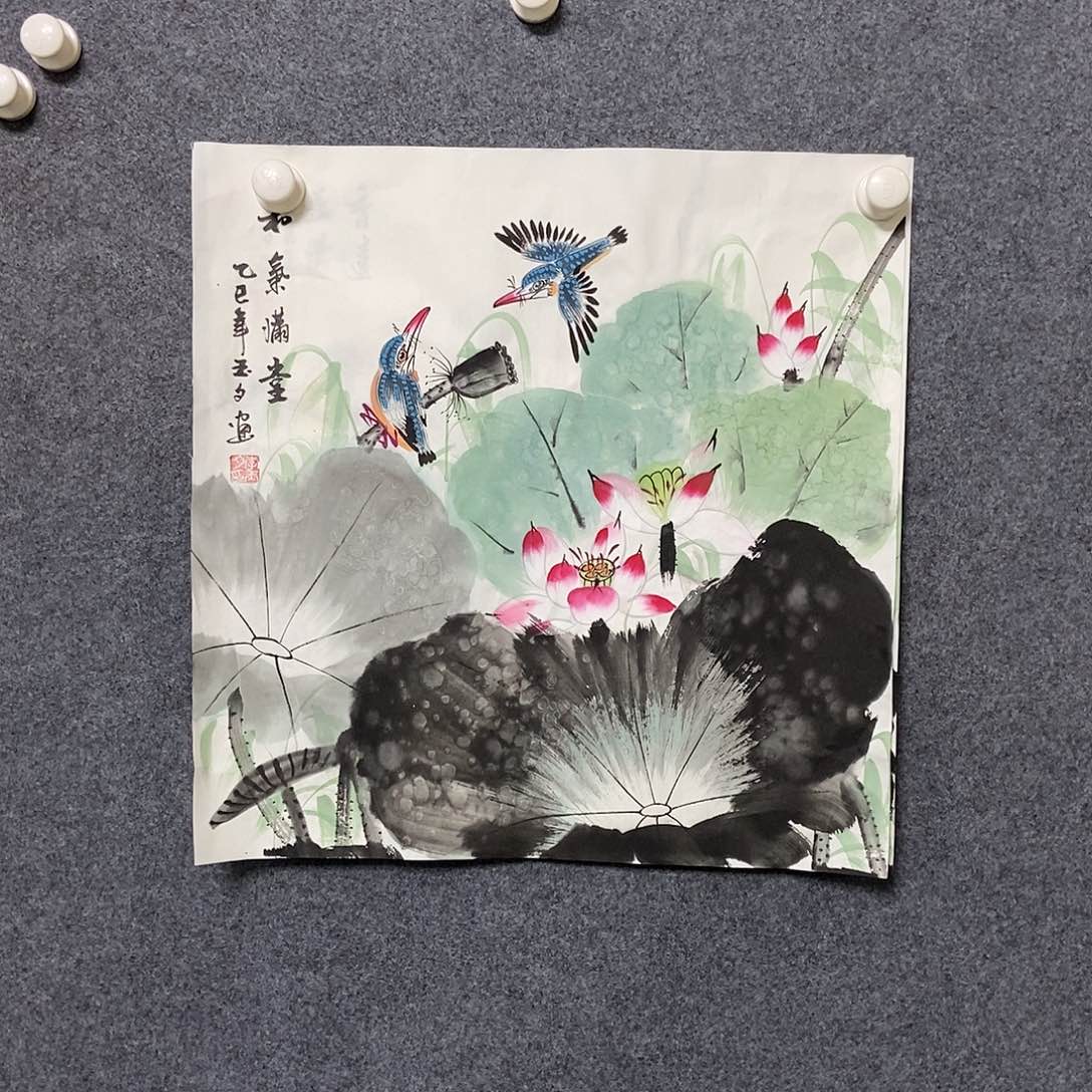 国画三尺斗方荷花一副