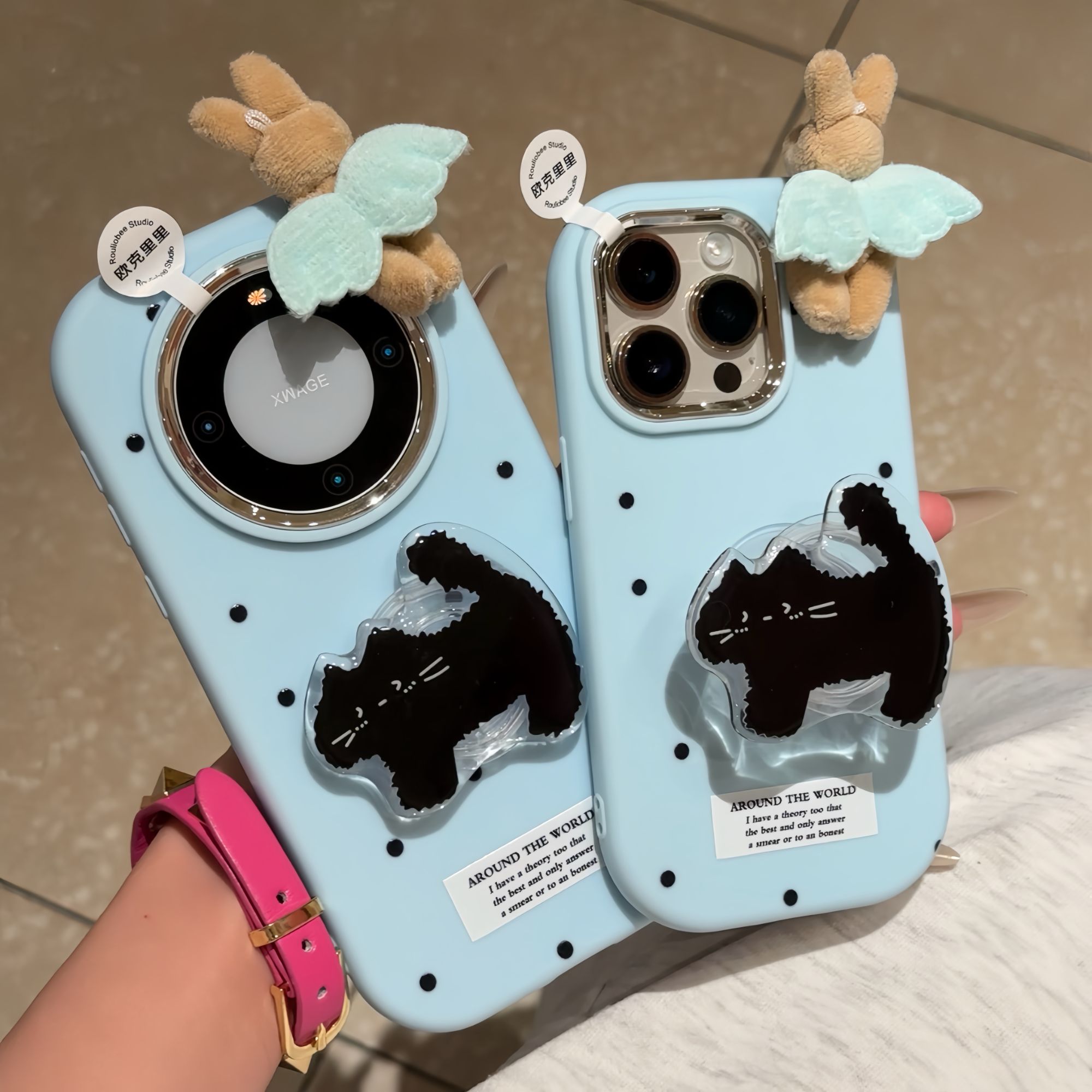 欧克里里波点黑猫支架小兔贴件苹果16/17手机壳华为vivo小米oppo