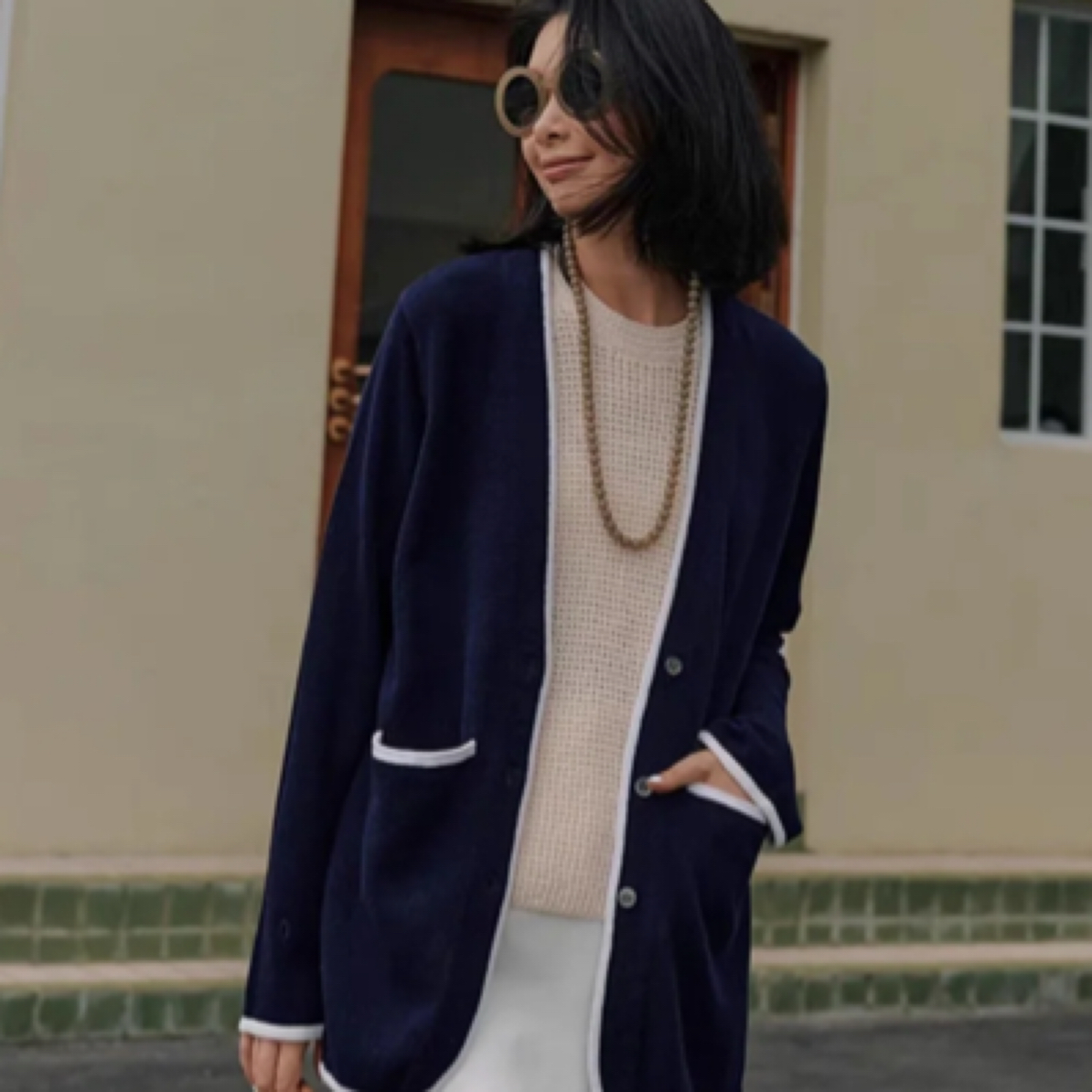 Chanel香奈儿灰色拼海军蓝滚边 羊绒针织开衫36码YSC0215