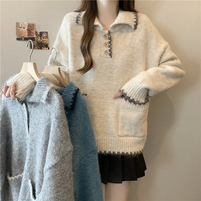 宽松慵懒Polo领正肩加厚针织毛衣女秋冬大码胖mm显瘦内搭打底上衣