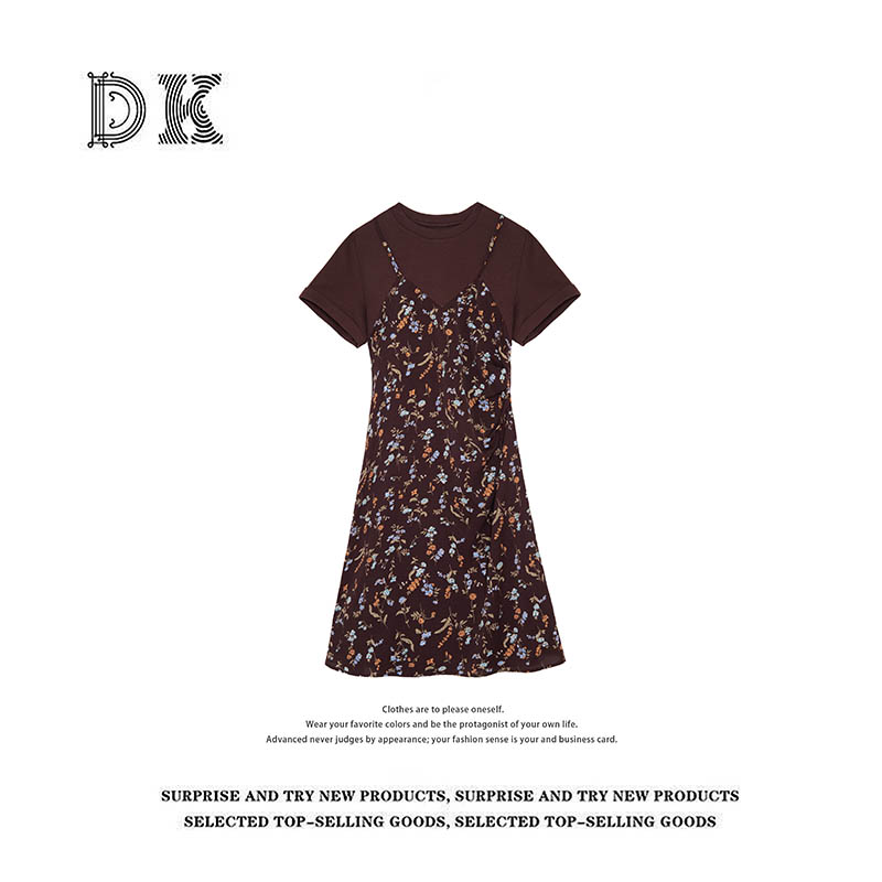 DK 2025夏季女装 法式假两件吊带碎花圆领短袖连衣裙 19683