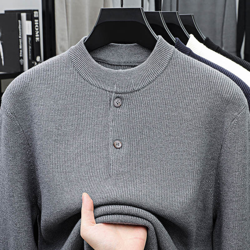 新款美式重磅针织亨利领抗起球毛衣休闲通勤纯色长袖男士秋冬季男