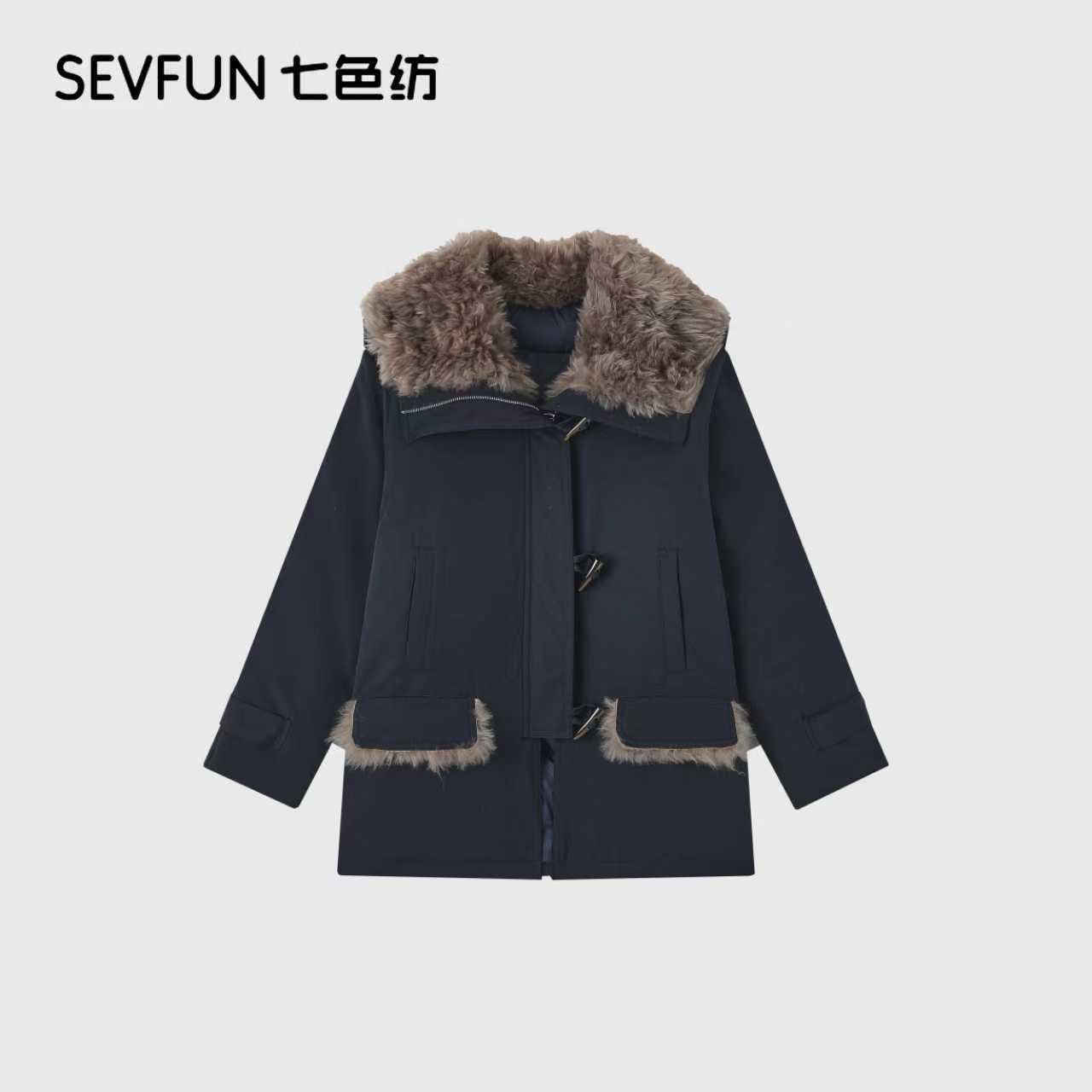 七色纺秋冬高级感羊羔毛拼接中长款派克羽绒服外套女QSF-1173