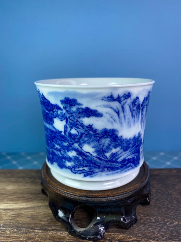 全手工青花山水景德镇容天茶杯