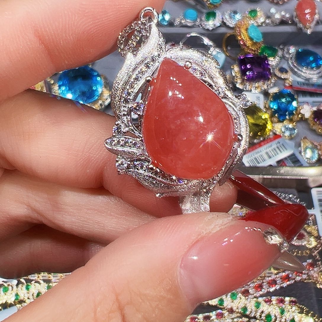 银S925镶嵌菱锰矿（红纹石）吊坠