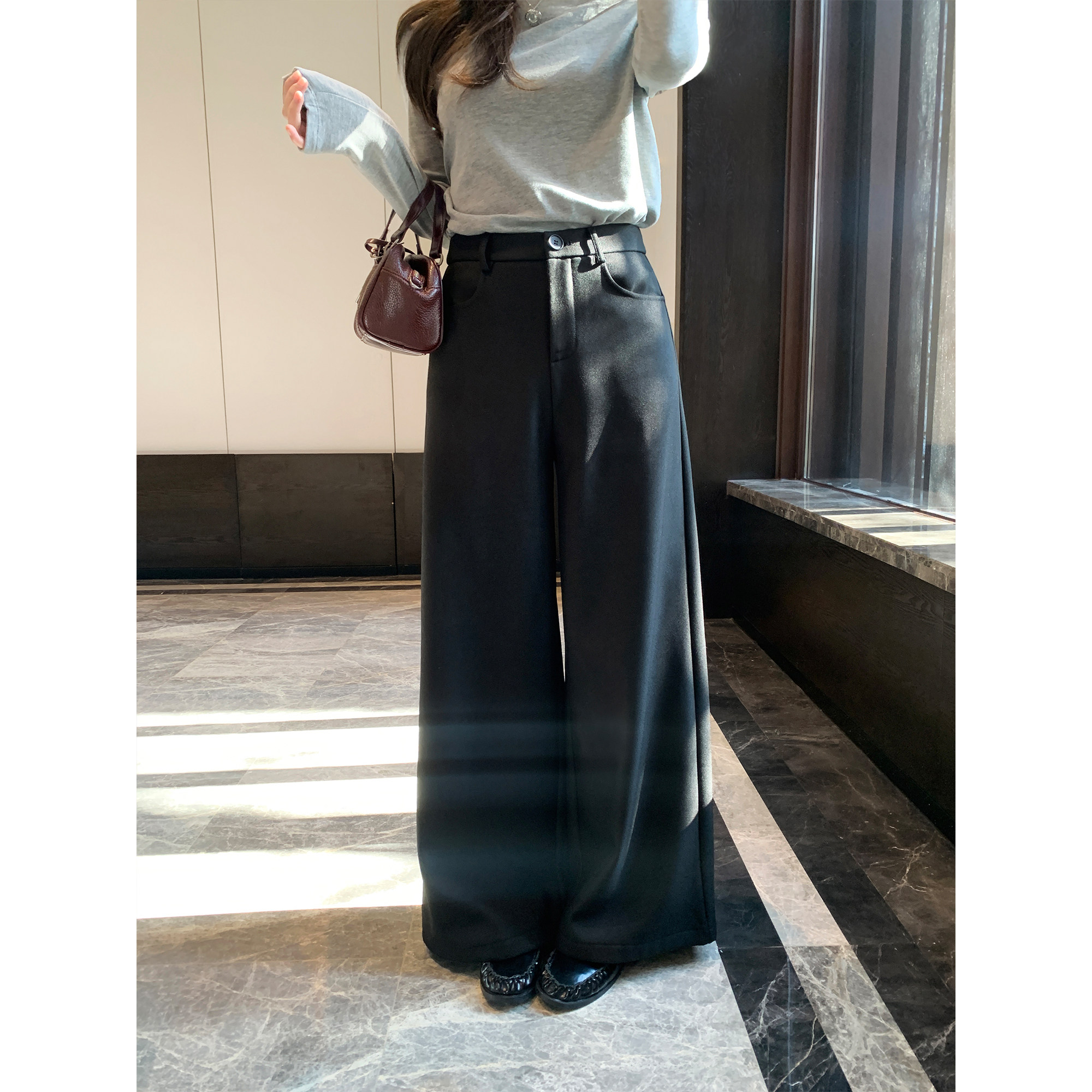 pusumede 格雷都市 宽松加绒阔腿西裤女垂坠感休闲保暖直筒西装裤