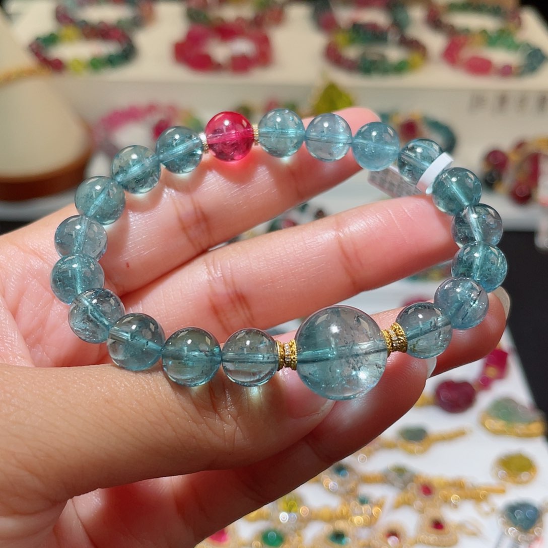 碧玺手链18K金镶嵌 净体 帕蓝搭桃红