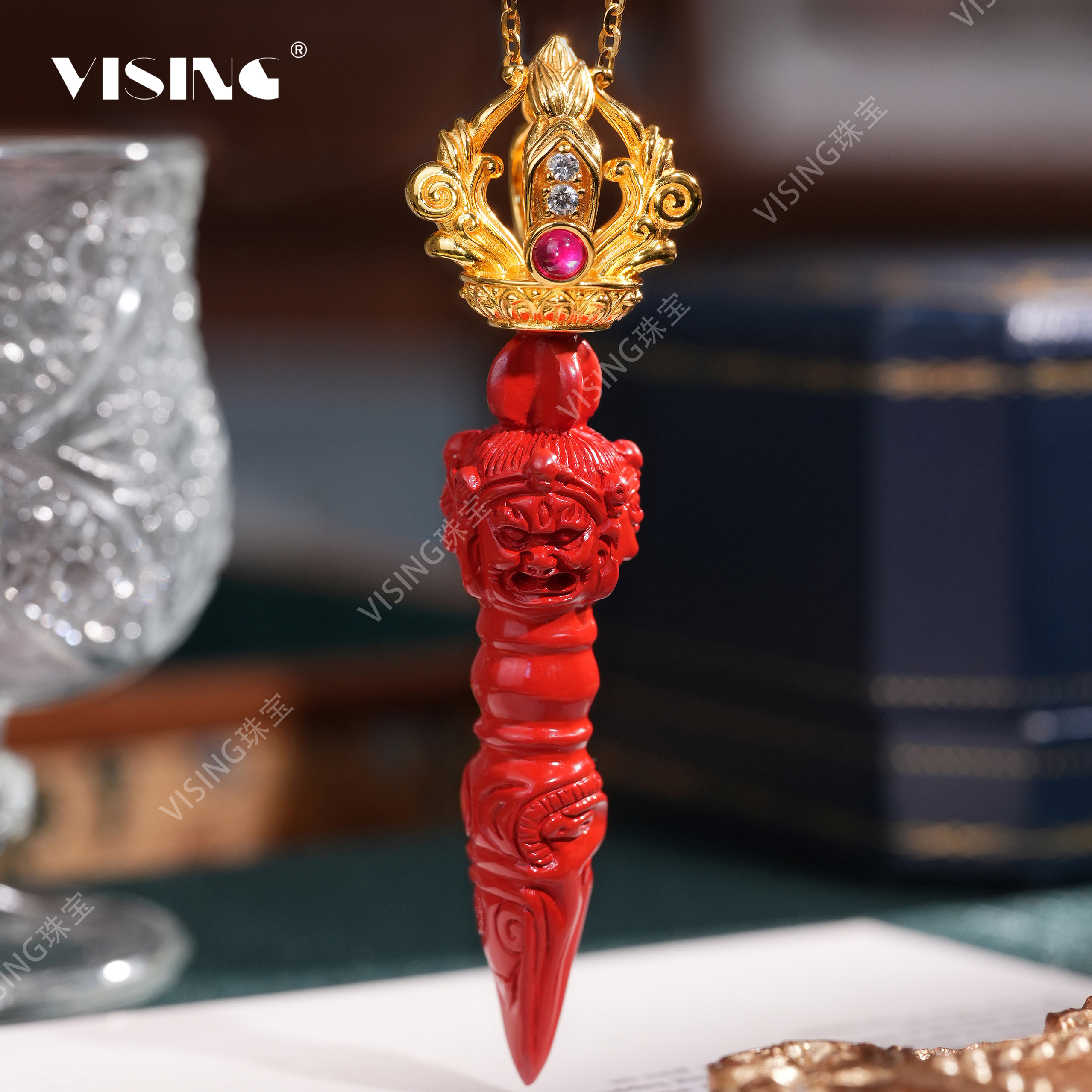 VISING 含辰砂工艺品【粉丝福利】高含量朱砂金色降魔杵金刚杵吊坠