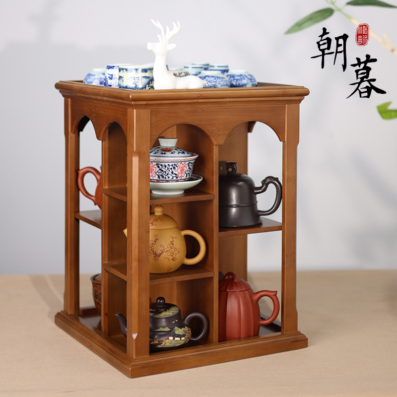 「朝暮」旋转收纳架精品竹制壶架杯架展示架茶道茶壶中式茶具储物架