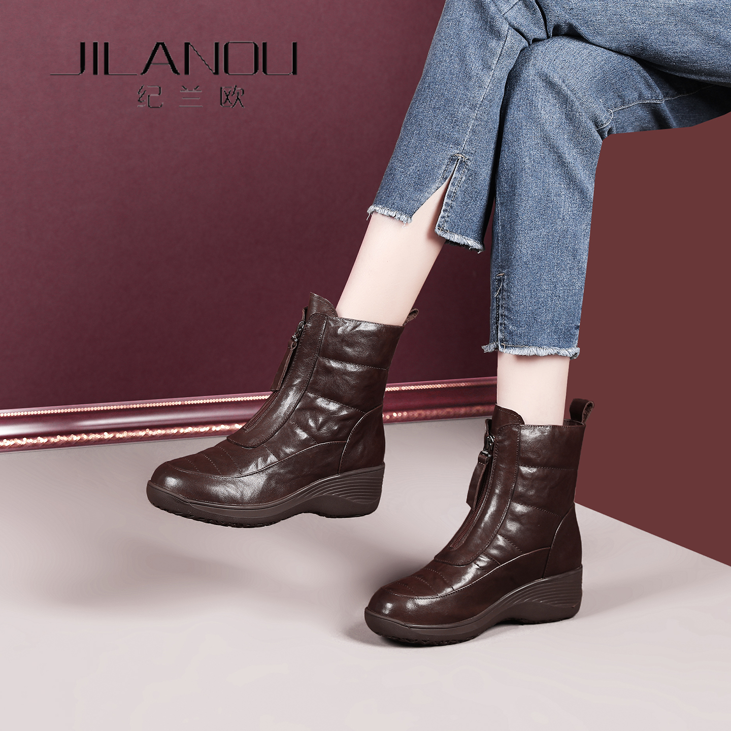 坡跟真皮短靴女冬季2025新款妈妈女鞋加绒保暖雪地靴防滑厚底靴子