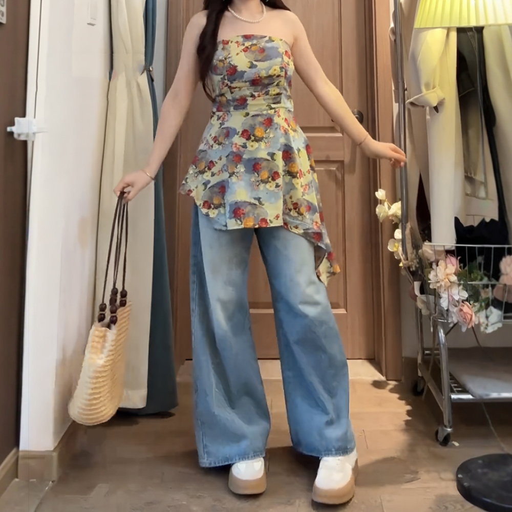 法式碎花不规则背心女夏季胖MM大码女装纯欲抹胸美背气质收腰上衣