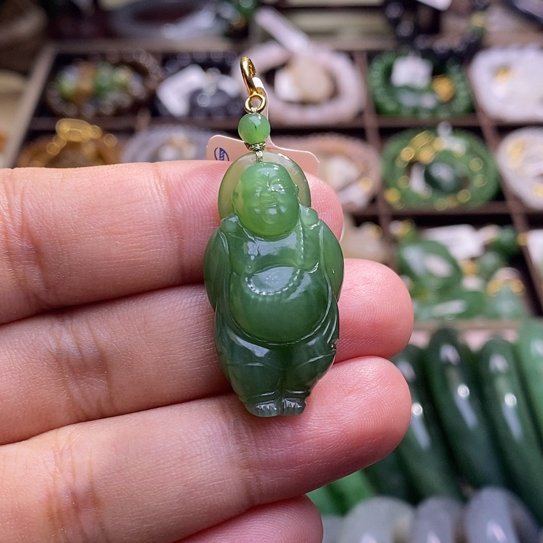 颈饰未镶嵌和田玉碧玉老矿料高冰阳绿猫眼金镶逍遥佛