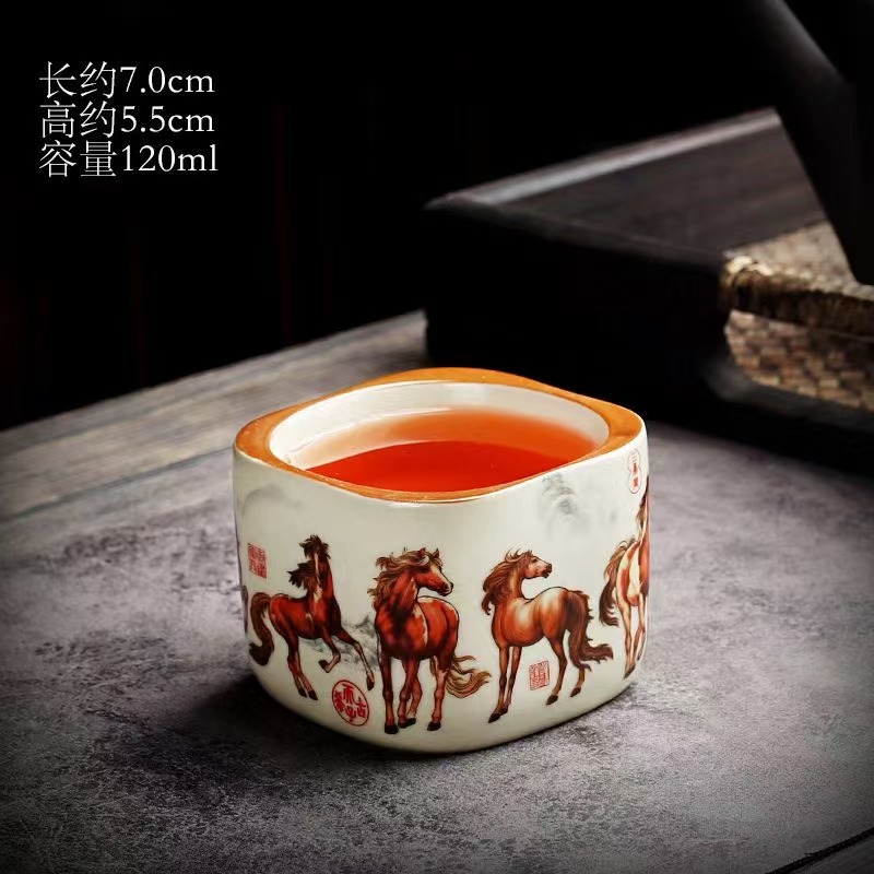 陶子茶具 米黄汝窑八马四方主人杯复古陶瓷品茗杯-5178（直播专享）