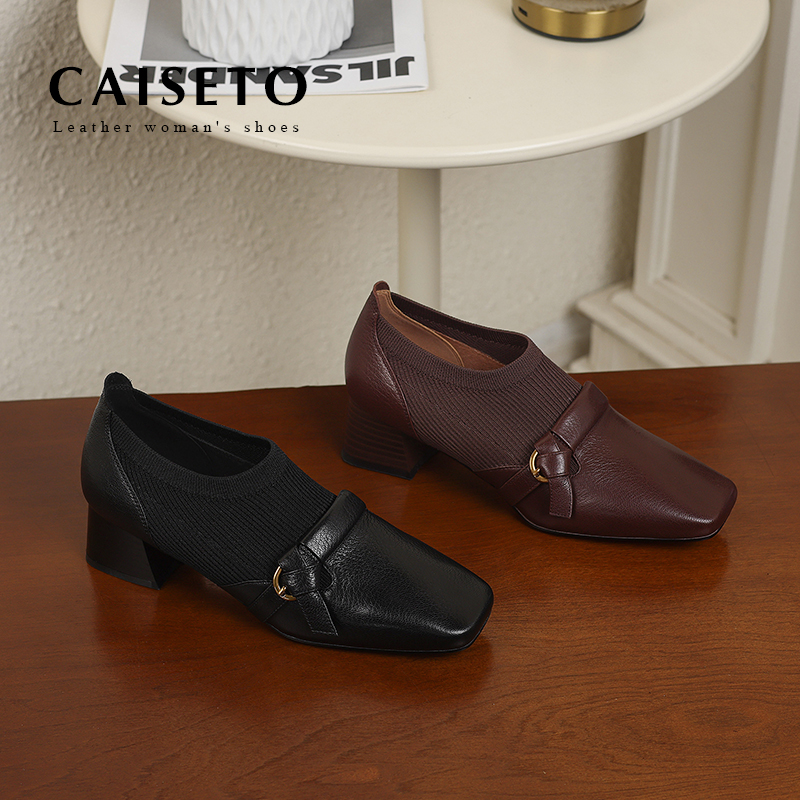 羊皮/4.5cm秋冬方头百搭真皮中跟单鞋通勤软面低跟鞋24D819