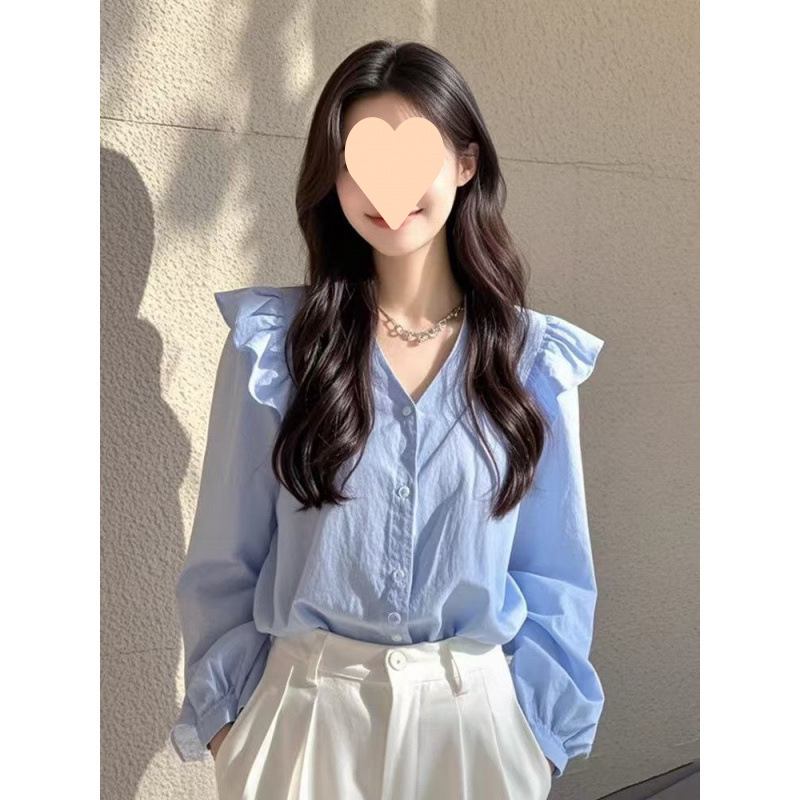 轻奢高级感法式小众绝美蓝色长袖衬衫女早秋款