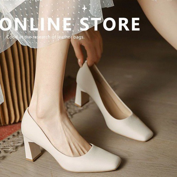 裸色高跟鞋女粗跟简约职业通勤风百搭设计感软皮方头工作鞋单鞋女