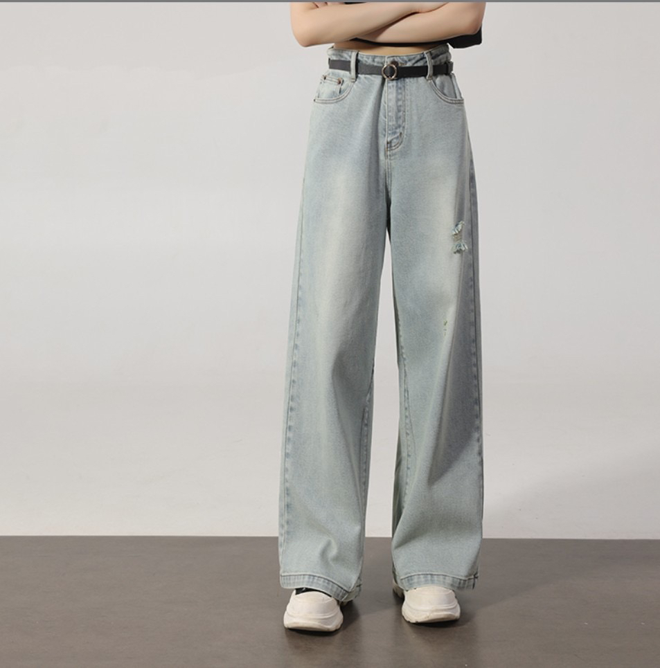 C195 重磅高腰破洞重工水洗拼接牛仔阔腿裤