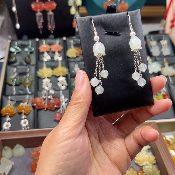 蛇纹石玉耳饰银S925镶嵌