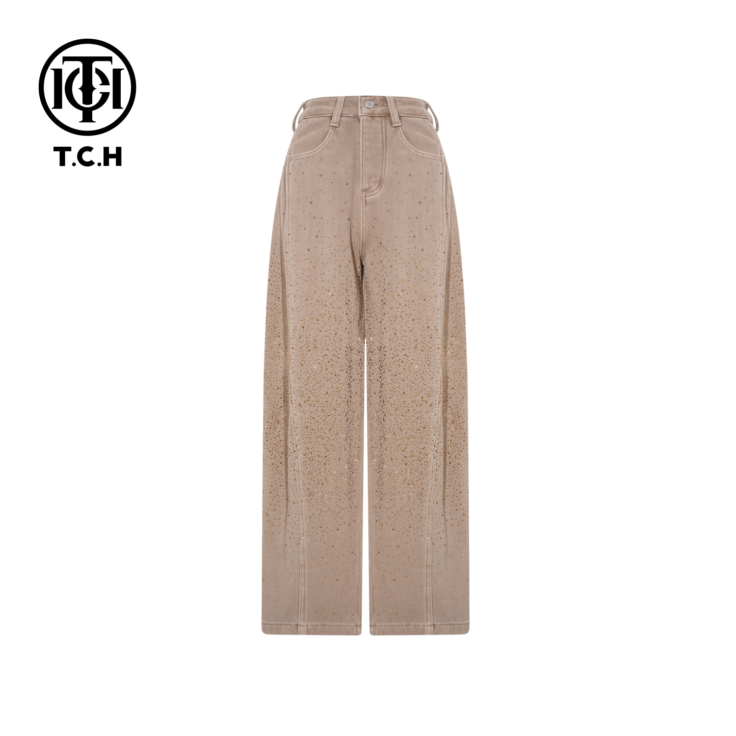 TCH【阔腿】冬款百搭时尚烫钻慵懒风卡其色阔腿牛仔裤T75D20E1233