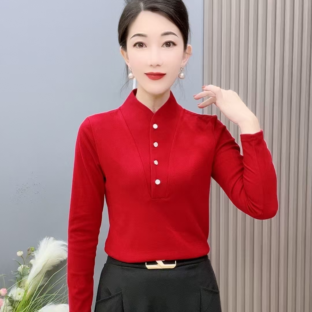 【猫眼扣】2890款加绒打底衫中老年妈妈装秋冬保暖内搭立领可外穿